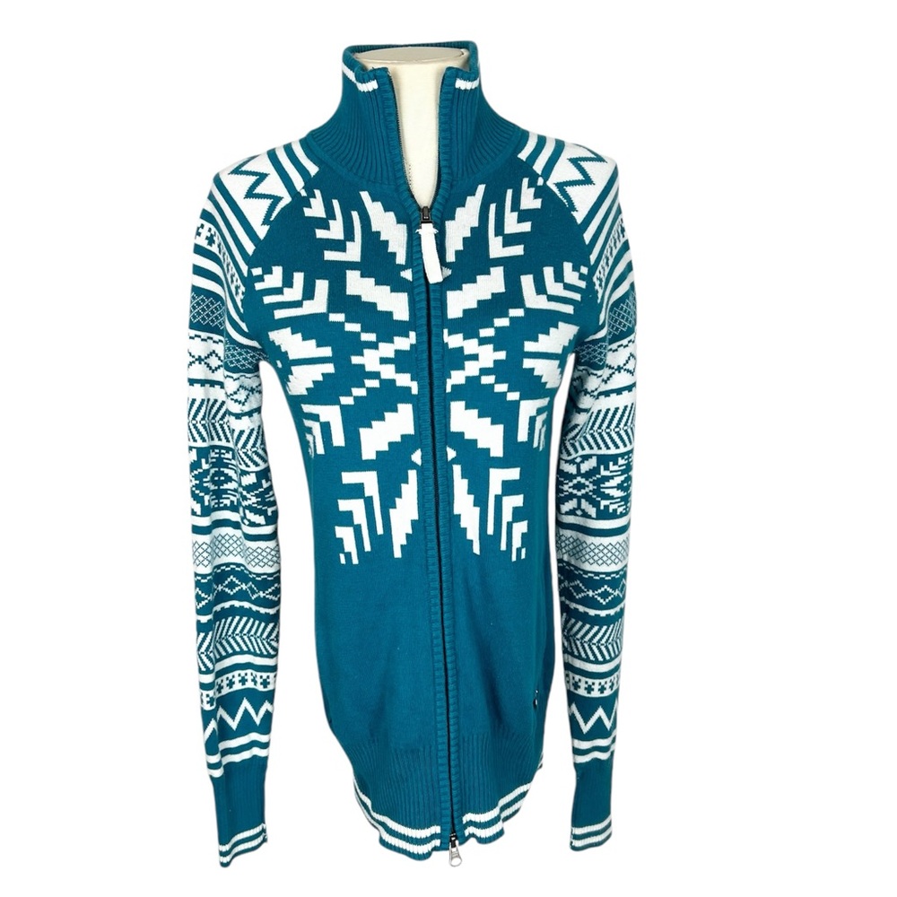 Athleta‎ turquoise Snowflake sweater zip up cardigan size Small high collar